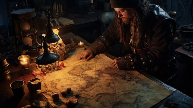 Photo pirate captain looking down on the map great cabin of a pirate ship lit by oil lamps detailed worn treasure map on a table coins compass dim lit generative ai