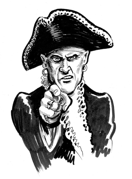 Pirate captain pointing at you. Ink black and white drawing