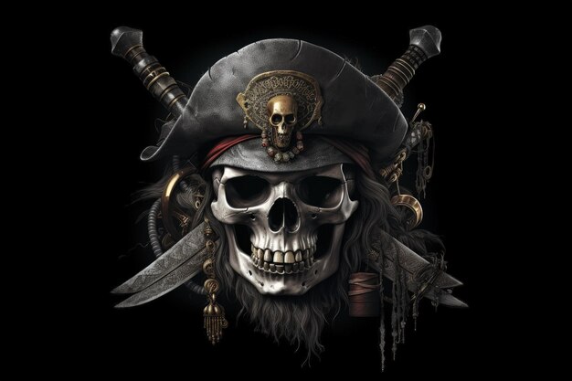 Pirate captain skull with hat black background fantasy concept Generative AI