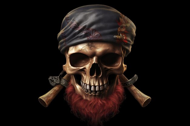 Pirate captain skull with headband black background fantasy concept Generative AI