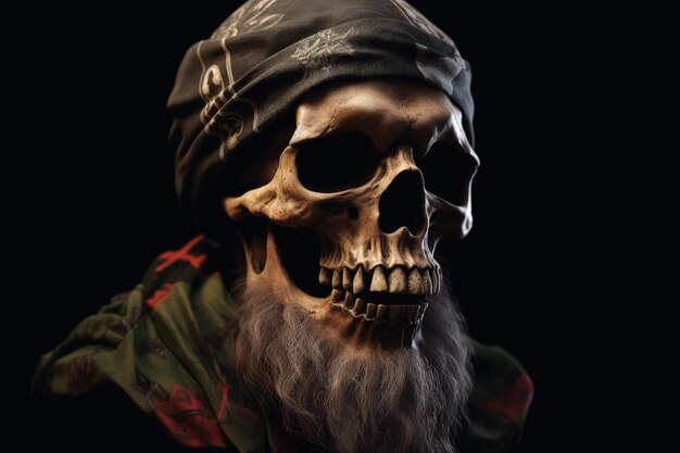 Pirate captain skull with headband black background fantasy concept Generative AI