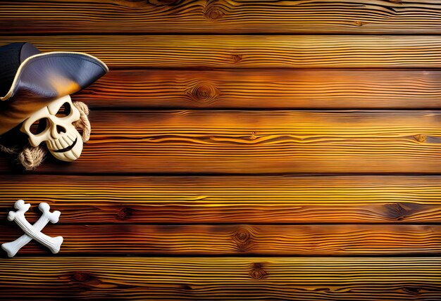 Foto sfondio del concetto del tavolo del capitano pirata con spazio per le copie cappello pirata e conchiglia su vecchia tavola di legno