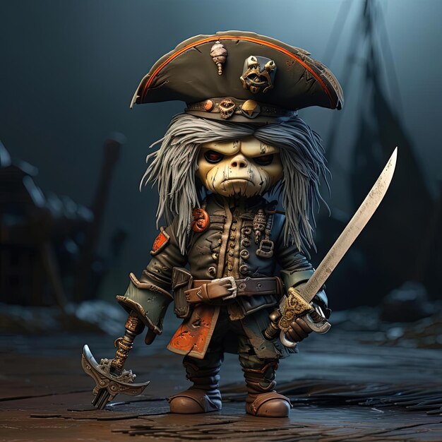 Photo a pirate cartoon character in a hat and sword adorable toy sculptures painted illustrations