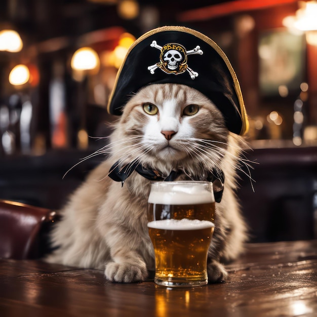 술집에서 맥주를 마시는 해적 고양이