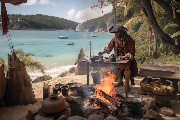 Pirate cooking over open fire on tropical island with view of the ocean in the background