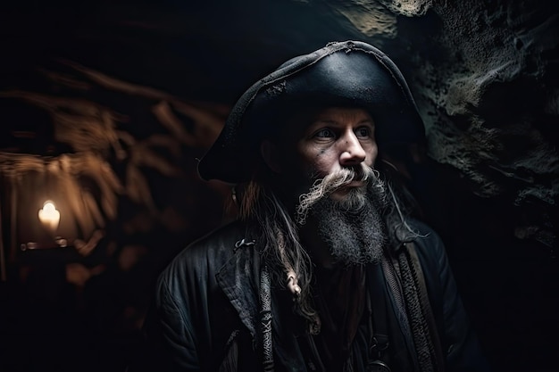 Photo pirate exploring dark and mysterious cave in search of hidden treasure