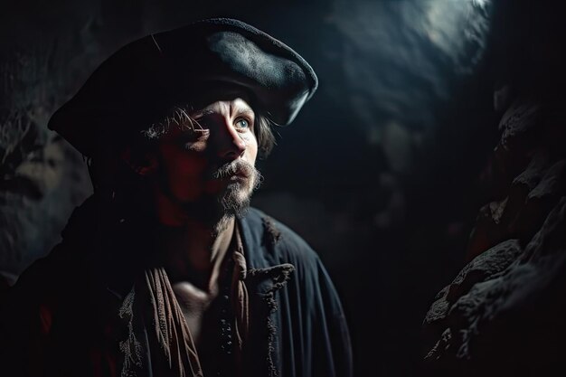 Pirate exploring dark and mysterious cave in search of hidden treasure