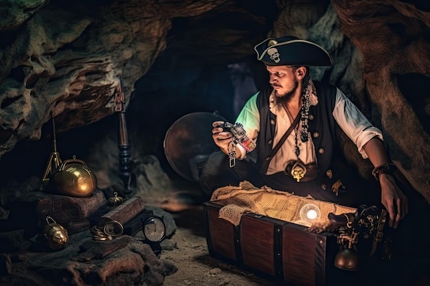 Photo pirate exploring hidden cave on tropical island with treasure trove of gold and jewels