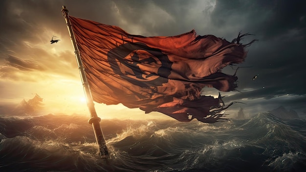 Foto la bandiera dei pirati sventola nel vento, simbolo di pericolo e libertà in alto mare, mistica marittima, tradizione dei pirati, simbolo ribelle, fascino nautico. generato da ai