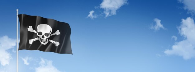 Foto bandiera pirata jolly roger tridimensionale rendering isolato su un cielo blu banner orizzontale 3d illustrazione