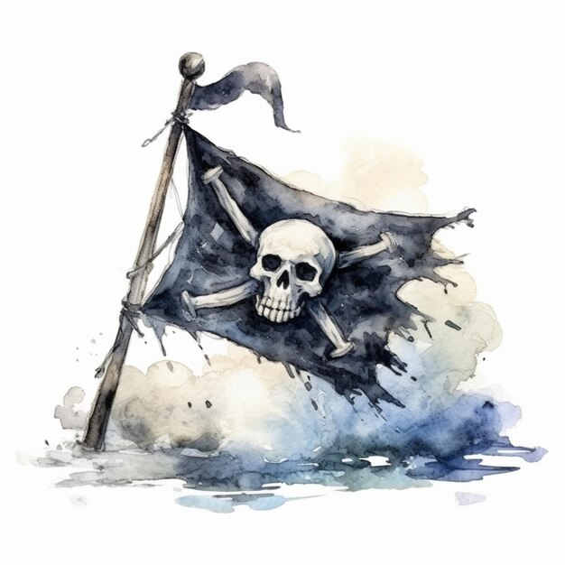 pirate flag with skull and crossbones on it in watercolor generative ai