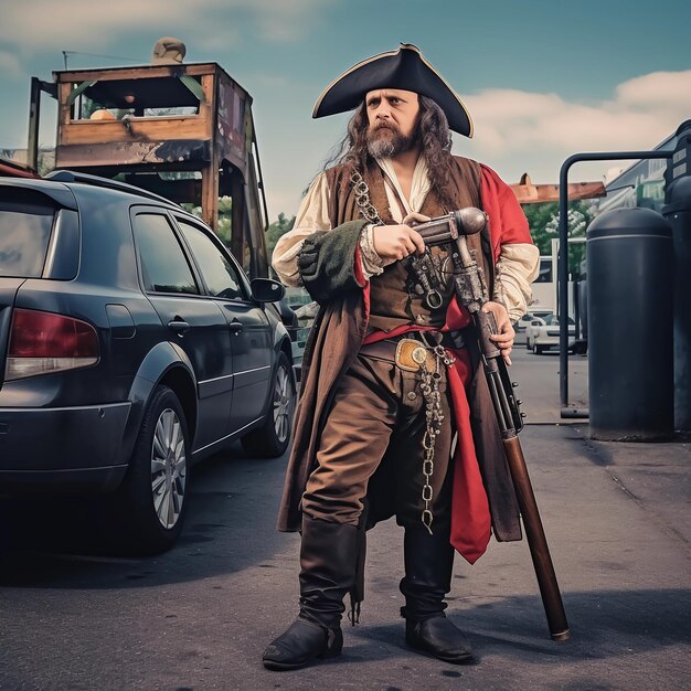 a pirate from the year 1567 stands in 2021 on a petrol station and is loading his electric car