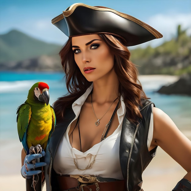 Photo pirate girl with a parrot