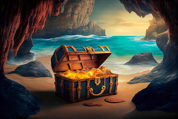 Pirate gold chest in a cave on the island Generative AI Generative AI