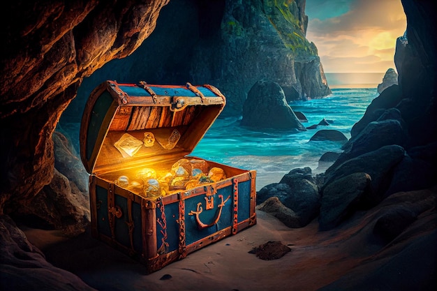 Photo pirate gold chest in a cave on the island generative ai generative ai