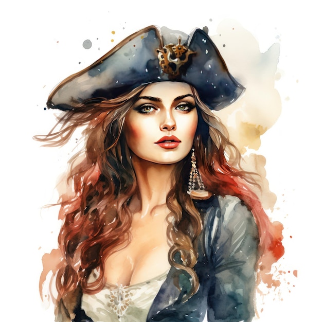 Photo pirate gorgeous lady in exquisite watercolor clipart
