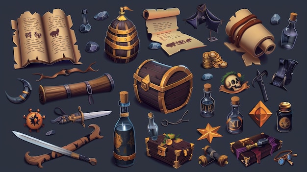 Foto le icone dei pirati includono casse del tesoro, teschi, monete d'oro, spade e bottiglie. il set include una vecchia mappa, una pergamena, bandiere nere, pietre preziose, bombe e dinamite.