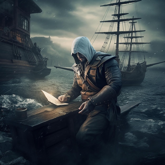 A pirate is studying a sea map on the background of an old sailing ship