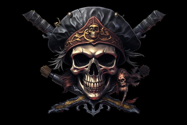 Pirate kapitein schedel met hoed zwarte achtergrond fantasy concept Generatieve AI