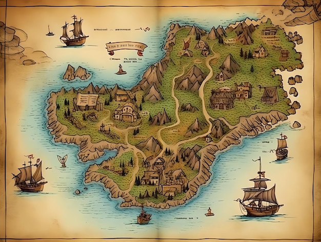 Pirate map with pirate ships islands and nautical signs drawing of an ancient treasure map for medieval epic fantasy adventure