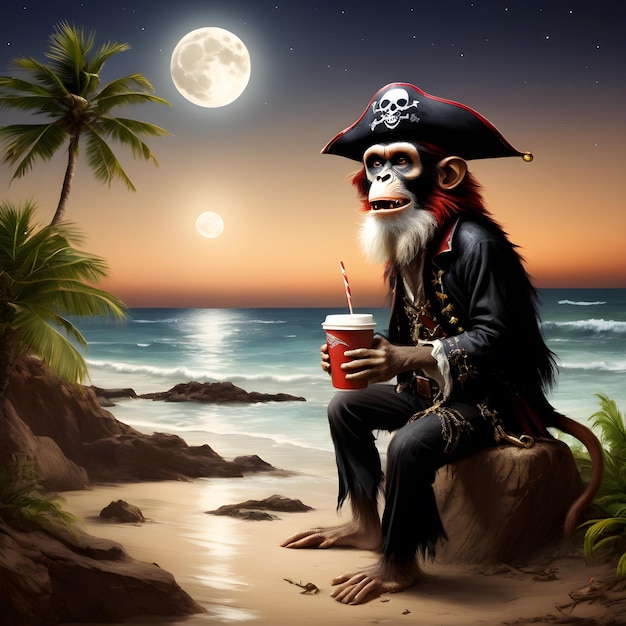 Foto la scimmia pirata si siede su una pietra sull'isola deserta bevendo una tazza di caffè è solo e