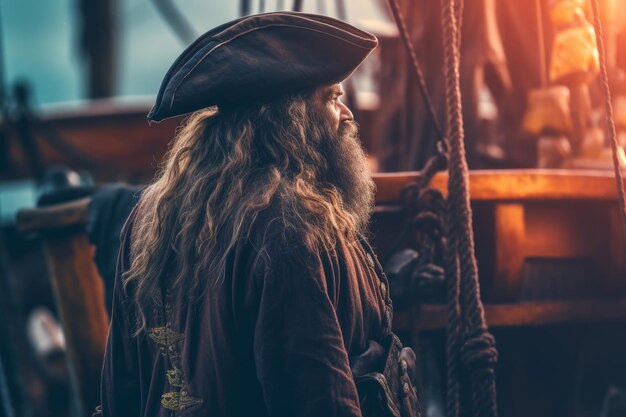 Photo pirate old man aboard pirate ship generate ai