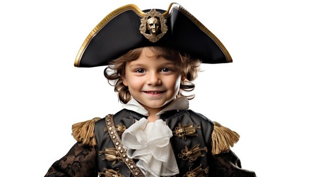 Pirate perfectie glimlachende jonge jongen verkleed voor Halloween geïsoleerd op een witte achtergrond