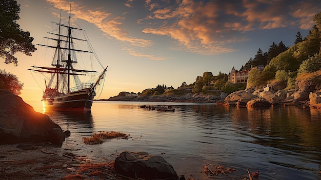 Pirate port overlooking old sailing ship on sunset Generative AI