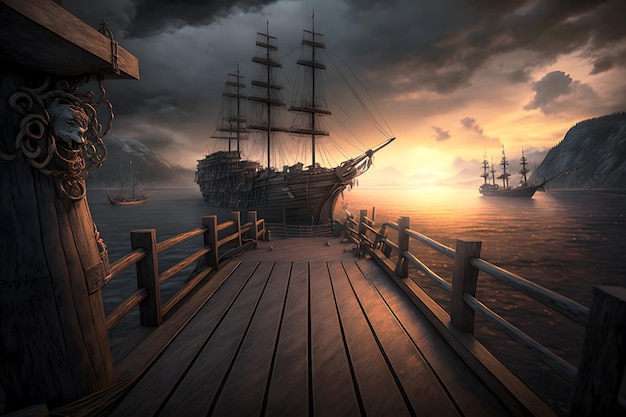 Pirate port overlooking old sailing ships in sea at sunset generative AI