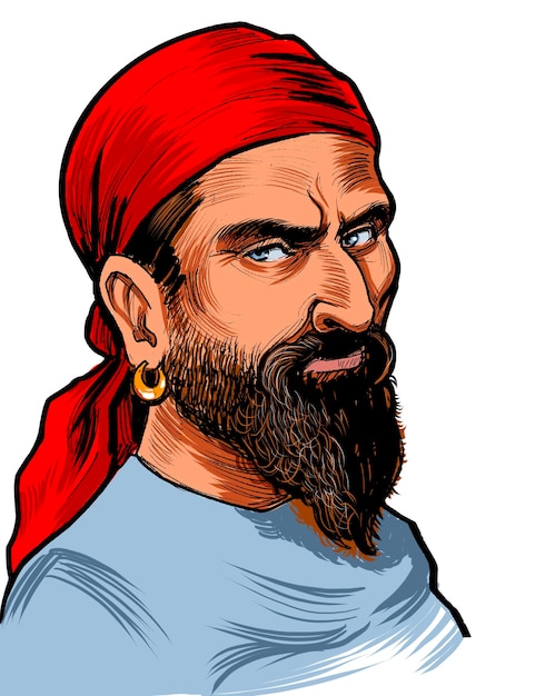 Pirate in red bandana Handdrawn ink on paper and handcolored on tablet