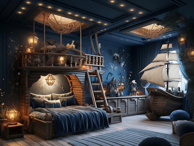 写真 海賊部屋の少年たちと海賊船のベッド 宝箱 海賊のイラスト トレンドの背景装飾