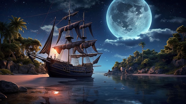 Pirate sailboat ship near mystic treasure island at night digital illustration Generative AI