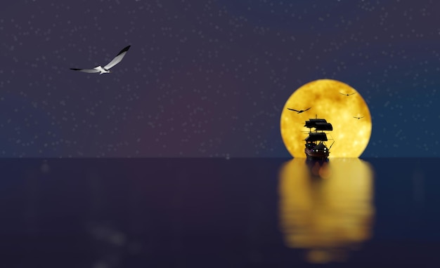 보름달이 배경 3D 렌더링에 있는 밤에 해적 범선 실루엣이 항해하고 있습니다