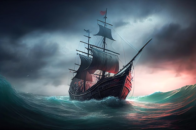 Pirate sailing ship sailing through the storm Generative AI