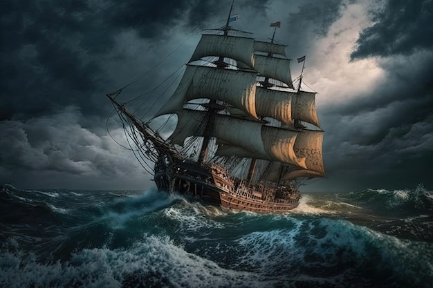 A pirate ship battling through a stormy sea with the wind and waves threatening to capsize the vessel Generative of AI