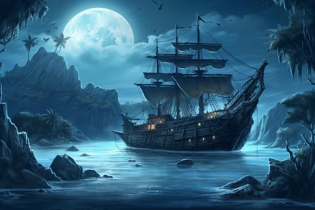 Pirate ship in a cave with a full moon in the background generative ai
