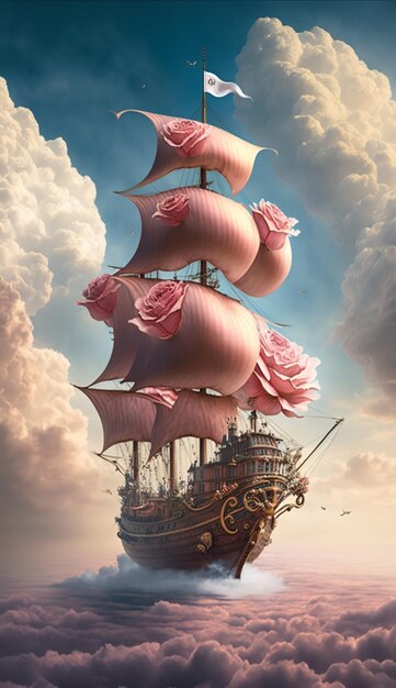 Pirate ship in the clouds with pink roses on it generative ai