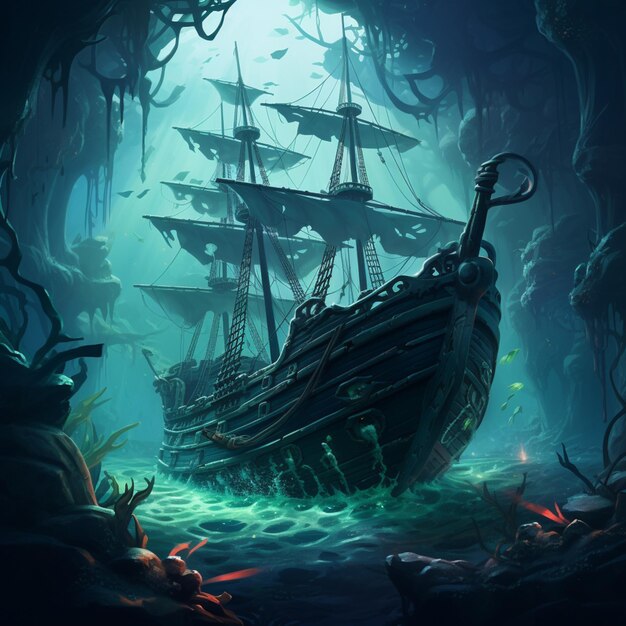 pirate ship in a deep sea with a lot of fish generative ai