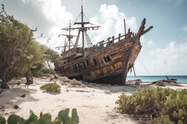 Pirate ship deserted and decaying on deserted island