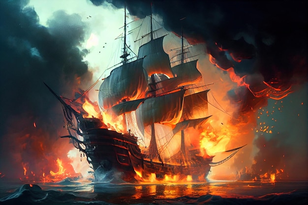 Premium Photo | Pirate ship destroyed in flames after battle at sea
