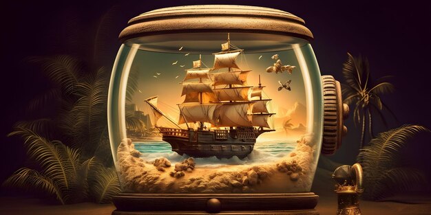 Photo pirate ship in a glass bottle generative ai