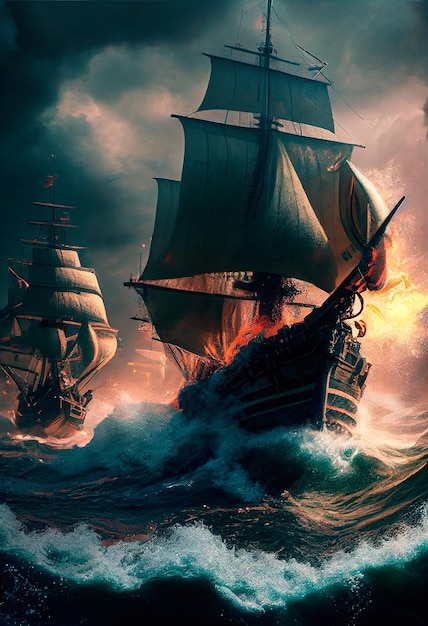 Photo a pirate ship on the high seas during a storm an old ancient pirate galleon