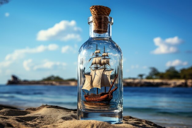 ガラス瓶の中の海賊船 背景に失われた島 生成 AI