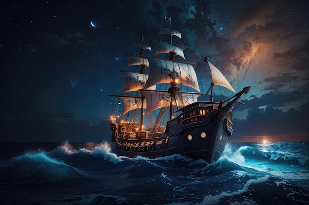 Pirate ship into the storm at night in ocean photo