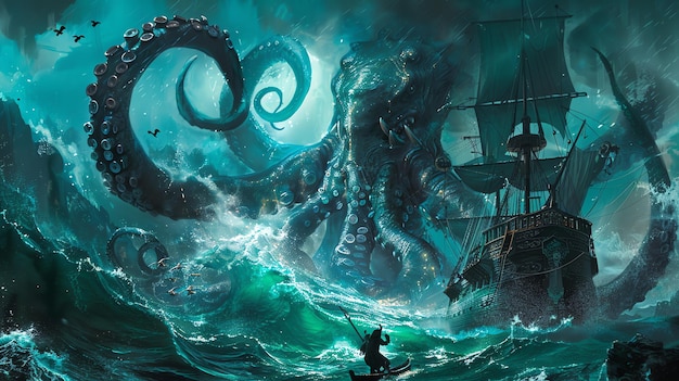 Foto una nave pirata viene attaccata da un polpo gigante il polpo è avvolto intorno alla nave e i suoi tentacoli si agitano in aria