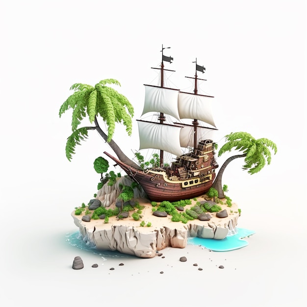 A pirate ship on an island with palm trees and rocks.