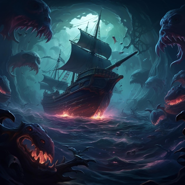 pirate ship in the middle of a sea with giant tentacles generative ai