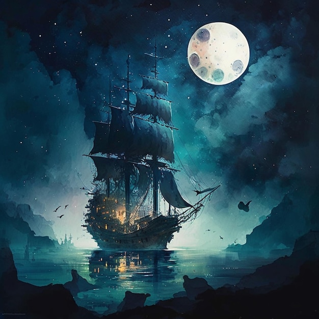 Photo pirate ship at night with full moon.