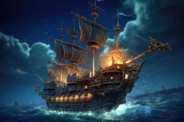 Пиратский корабль ночью