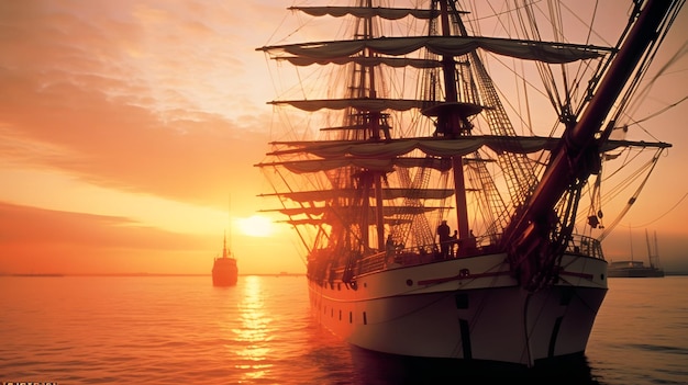 Pirate ship on ocean at beautiful sunrise orange sky background wallpaper design Generative AI